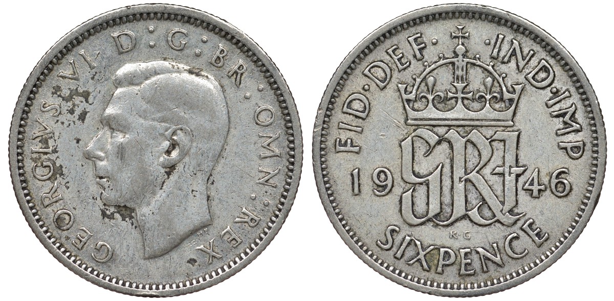 Великобритания 6 пенсов 1946 Георг VI (1936-1952) KM 852, Spink 4084 серебро 4124-743