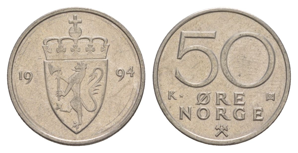 Норвегия 50 эре 1994 Харальд V (1991-) KM 418 медно-никель 4635-521