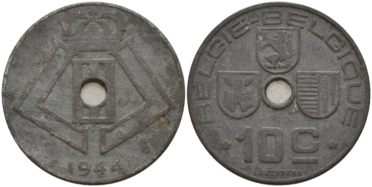 Бельгия 10 сантимов 1944 Belgie - Belgique, Леопольд III (1934-1947), германская оккупация, Вторая мировая война KM 126 цинк 4161-343