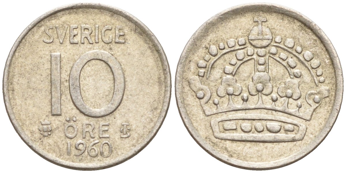 Швеция 10 эре 1960 Густав VI Адольф (1950-1973) KM 823 серебро 4147-927