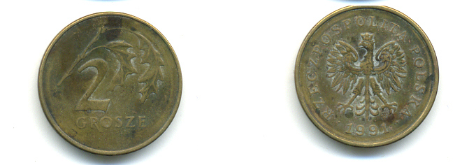 ПОЛЬША 2 ГРОША 1991 MW KM 277 латунь 176-749