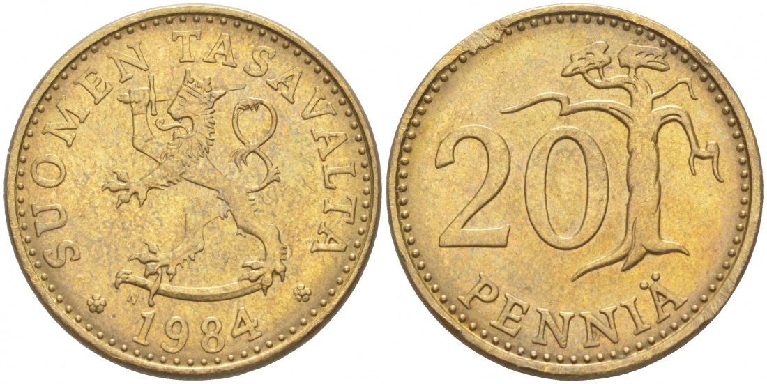 ФИНЛЯНДИЯ 20 ПЕННИ 1984 N KM 47 алюминиевая бронза 3853-1217