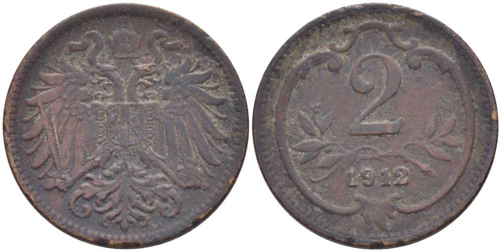 АВСТРИЯ 2 ГЕЛЛЕРА 1912 ФРАНЦ ИОСИФ (1846-1918) KM 2801 бронза 99-1043