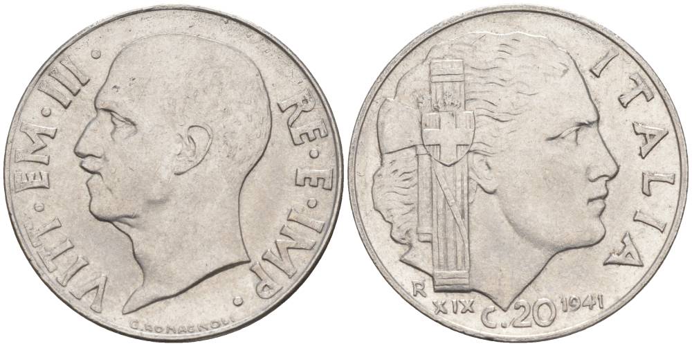 ИТАЛИЯ 20 ЧЕНТЕЗИМО 1941 R, ГОД XIX, ВИКТОР ЭММАНУИЛ III (1900-1946) KM 75b, VEM3. 1028 нержавеющая сталь 3853-656