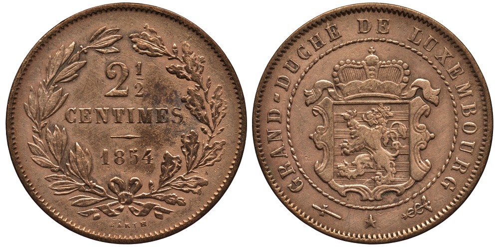 ЛЮКСЕМБУРГ 2 1/2 САНТИМА 1854 u, ГЕРЦОГ ВИЛЛЕМ III НИДЕРЛАНДСКИЙ (1849-1890), МОНДВОР УТРЕХТ КМ 21 бронза 4538-743