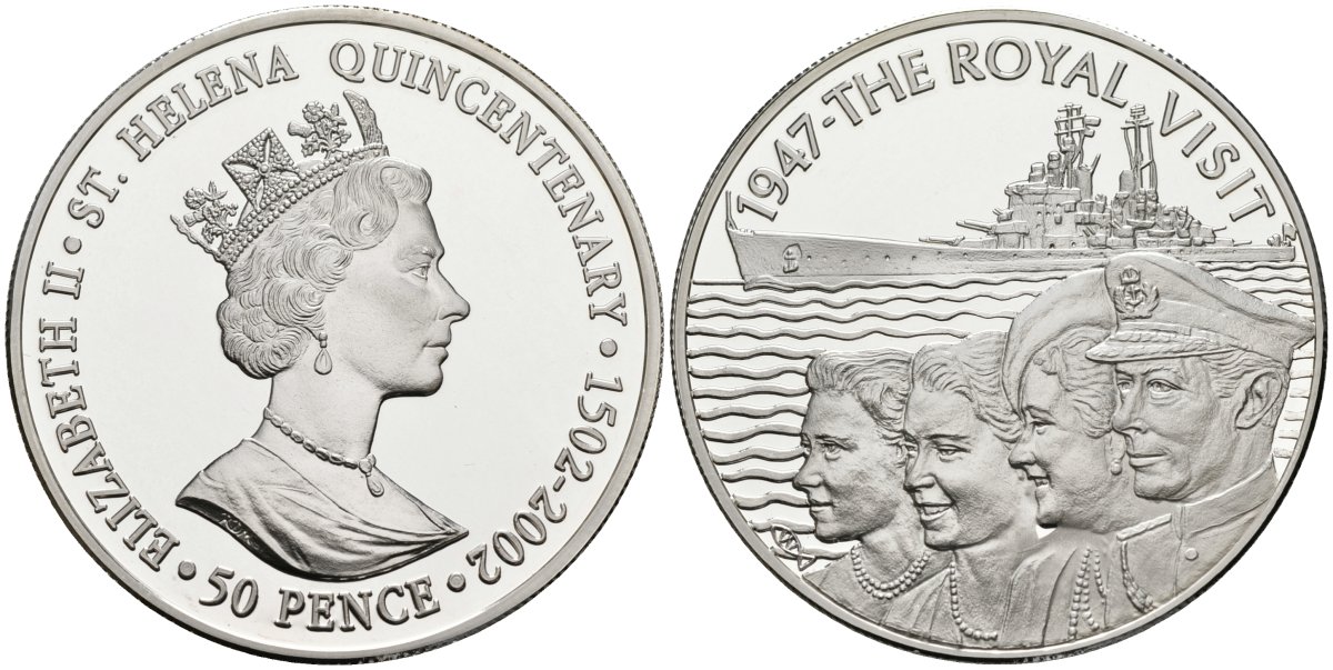 Остров Святой Елены 50 пенсов 2002 серия 500 лет открытия Америки, королевский визит 1947 года, тираж 5000 экз. KM 29а серебро PROOF 1095-10-33