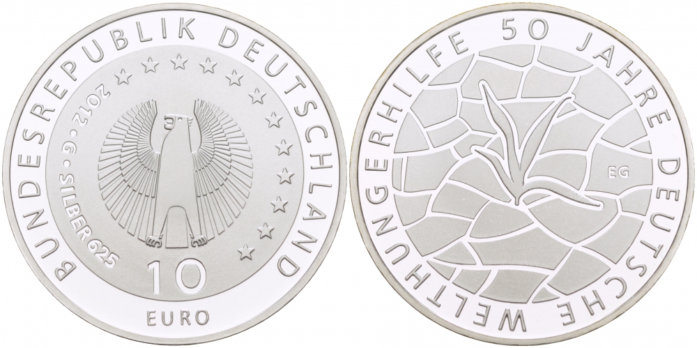 ФРГ 10 евро 2012 G, 50 ЛЕТ ОРГАНИЗАЦИИ ПОМОЩИ ГОЛОДАЮЩИМ KM 309 серебро PROOF 1082-9-41