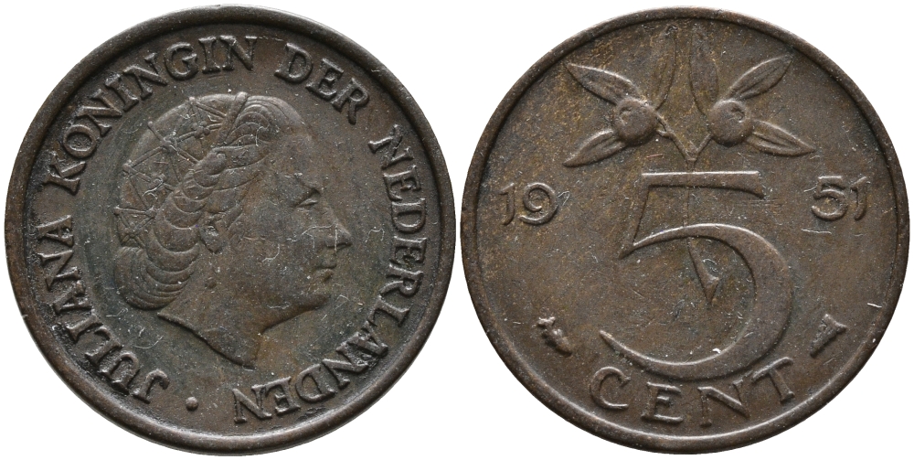 НИДЕРЛАНДЫ 5 ЦЕНТОВ 1951 ЮЛИАНА KM 181 бронза 98-312