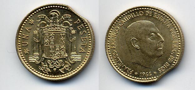 ИСПАНИЯ 1 ПЕСЕТА 1966 (71) ФРАНСИСКО ФРАНКО ДИКТАТОР ИСПАНИИ (1939-1975), БРАК КРУЖКА КМ 796 алюминиевая бронза 54-1712