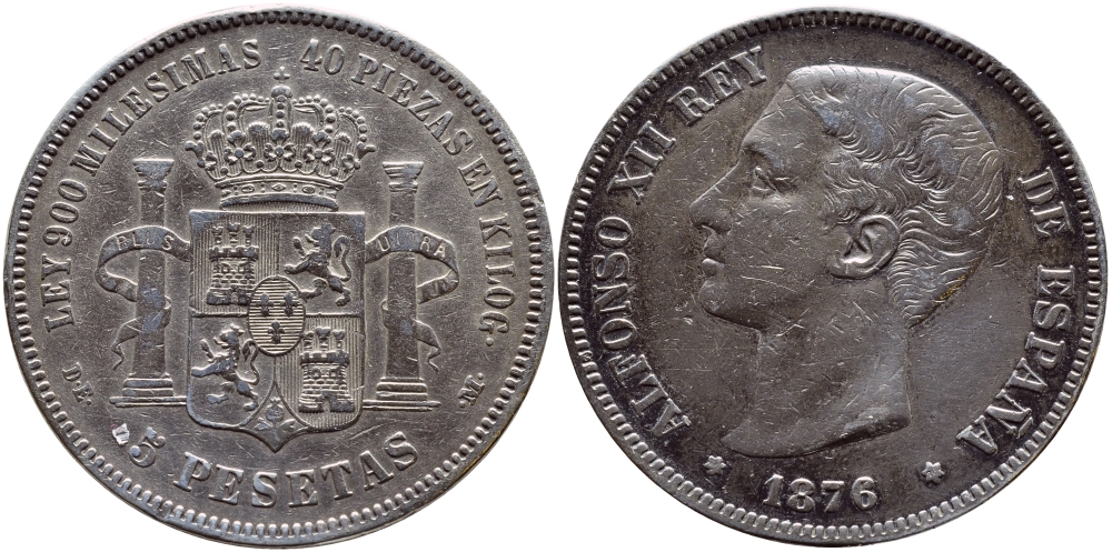 ИСПАНИЯ 5 ПЕСЕТ 1876 (76) DE-M, АЛЬФОНСО XII KM 671 серебро 02-207-43