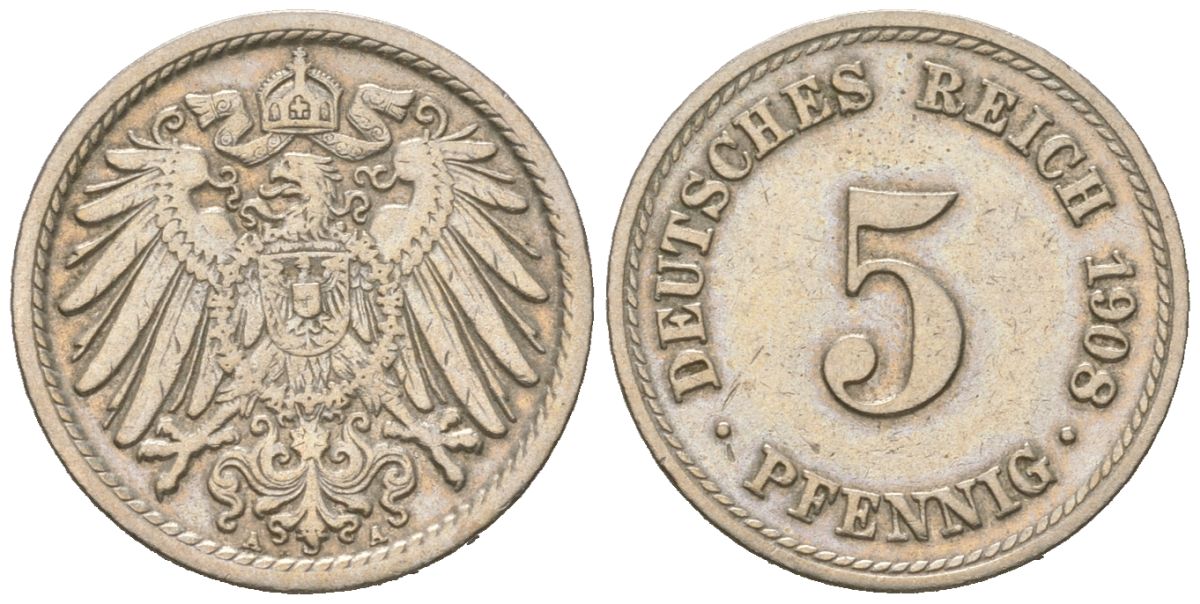 Германия 5 пфеннигов 1908 A KM 11, J. 12 медно-никель 3955-1252