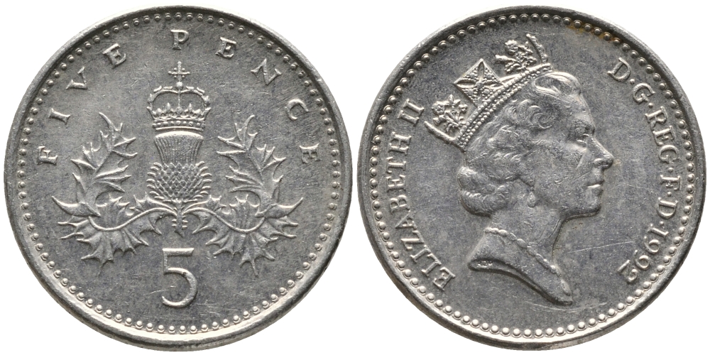 Великобритания 5 пенсов 1992 Елизавета II (1952-2022) KM 937b, Spink 4372 (D4) медно-никель 99-1065