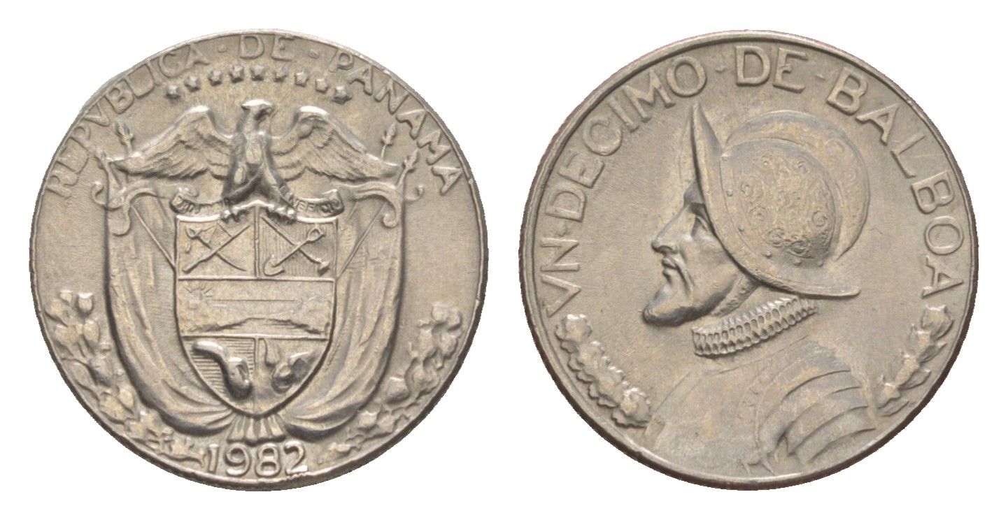 Панама 1/10 бальбоа (10 сентесимо) 1982 KM 10 медь плакированная медно-никелем aUNC 4644-159