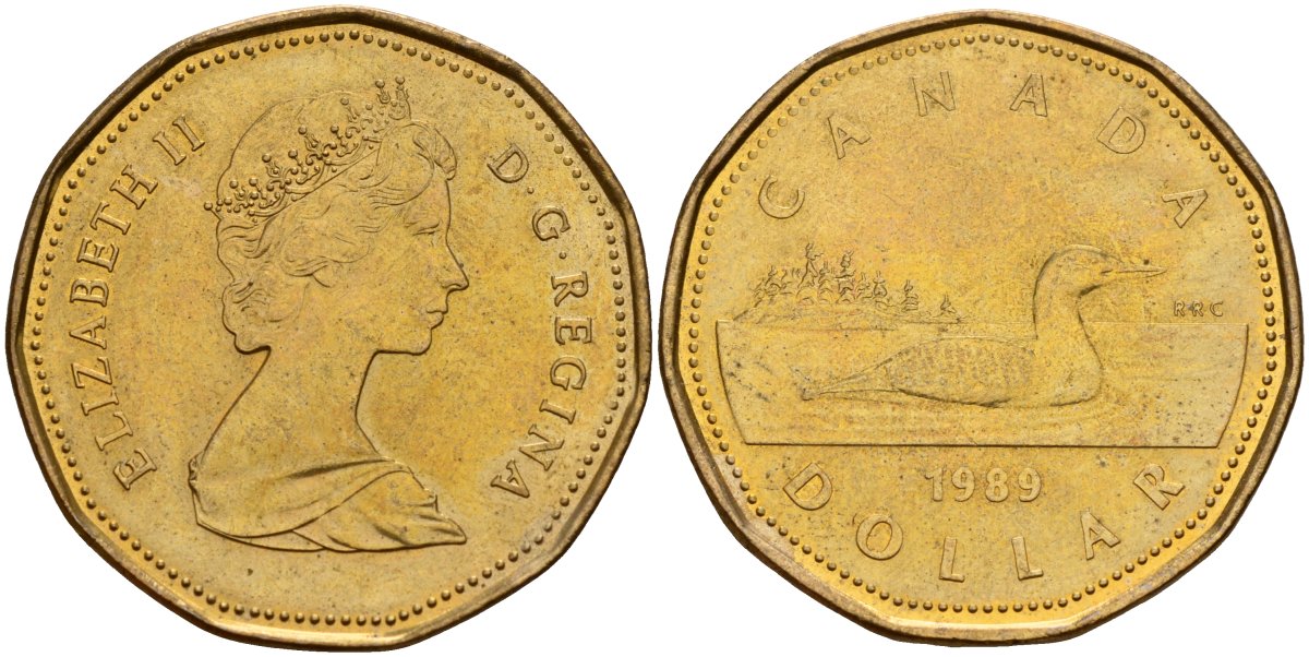 Канада 1 доллар 1989 утка, Елизавета II (1953-) KM 157 никель, покрытый позолоченной бронзой 4187-1144