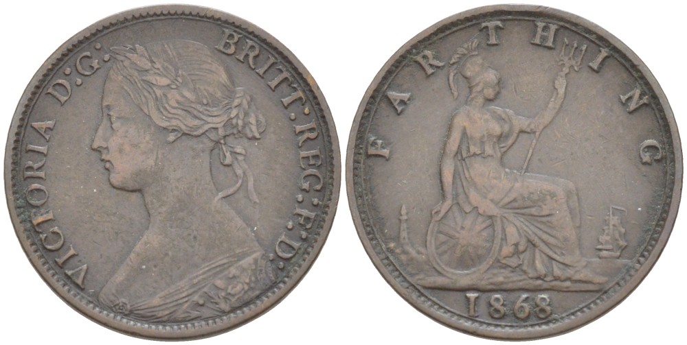 Великобритания 1 фартинг 1868 Виктория (1837-1901) KM 747.2, Spink 3958 бронза 4543-851