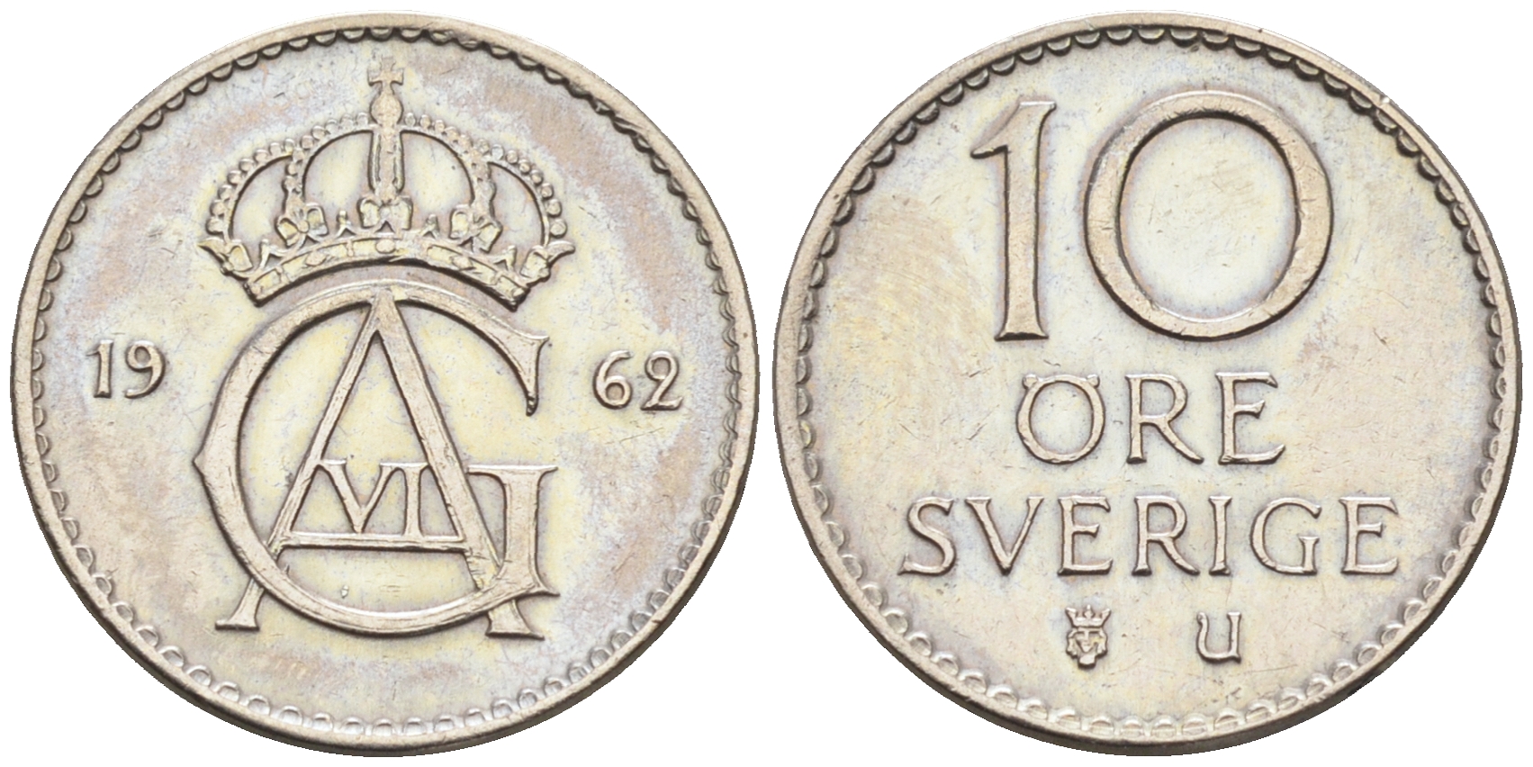 Швеция 10 эре 1962 U, Густав VI Адольф (1950-1973) КМ 835 медно-никель 4169-111