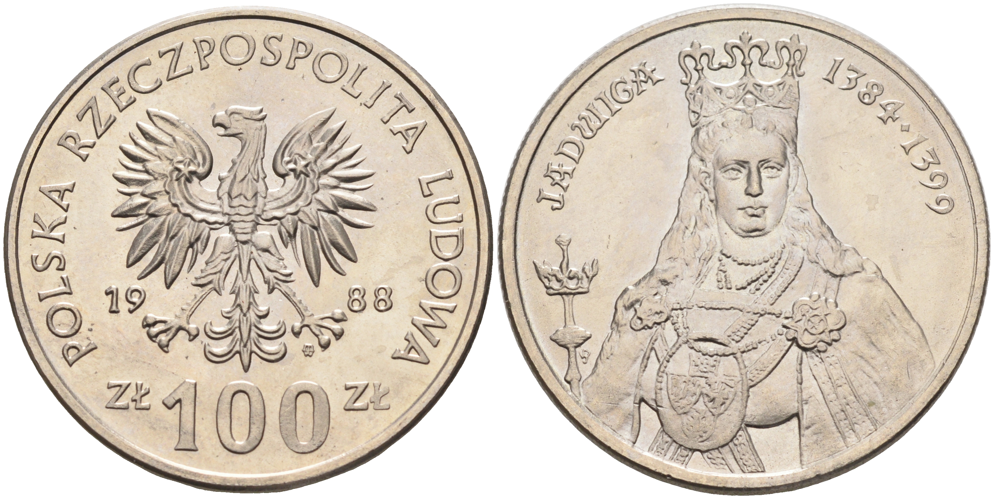 Польша 100 злотых 1988 MW, серия Польские правители, королева Ядвига (1384-1399) KM 183 медно-никель  UNC  4149-241