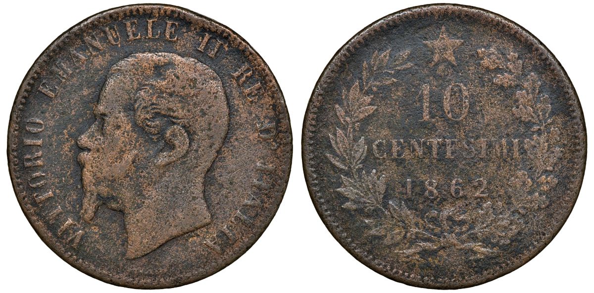 Италия 10 чентезимо 1862 N, Виктор Эммануил II KM 11.1 медь 4512-426