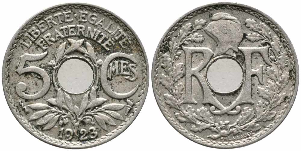 ФРАНЦИЯ 5 САНТИМОВ 1923 tb, ТИП ЛИНДАЙЁ, МОНЕТНЫЙ ДВОР ПУАССИ, МОЛНИЯ KM 875, LE FRANC 122.7 медно-никель 72-1143