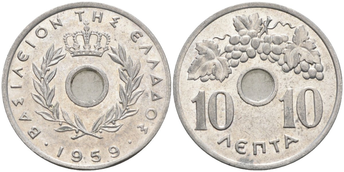 Греция 10 лепта 1959 Павел I (1947-1964), виноградная лоза KM 78 алюминий 4591-913