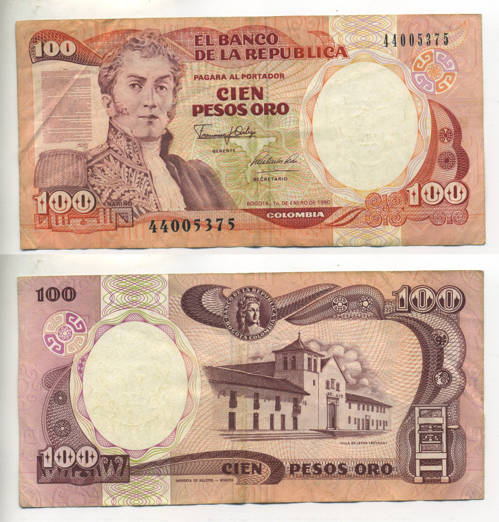 Колумбия 100 песо 1990 Антонио Нариньо, Вилья-де-Лейва Pick 426е бумага 000-00-00