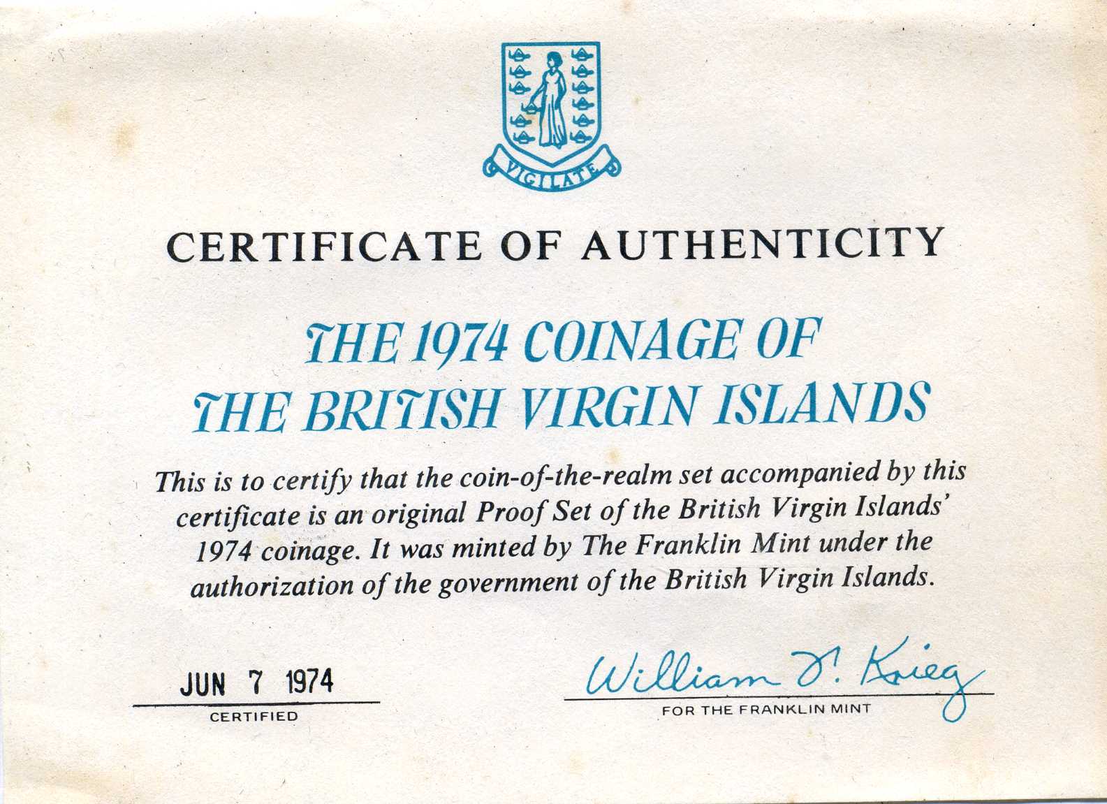 Британские Виргинские острова набор из 6 монет 1974 в оригинальной коробке, сертификат, запайка PROOF 00-00