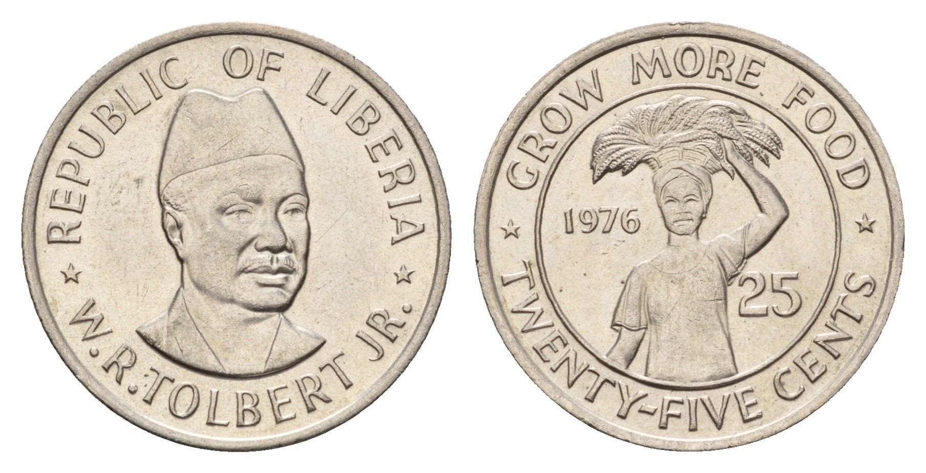 Либерия 25 центов 1976 ФАО - Выращивать больше еды KM 30 медно-никель UNC 4678-212