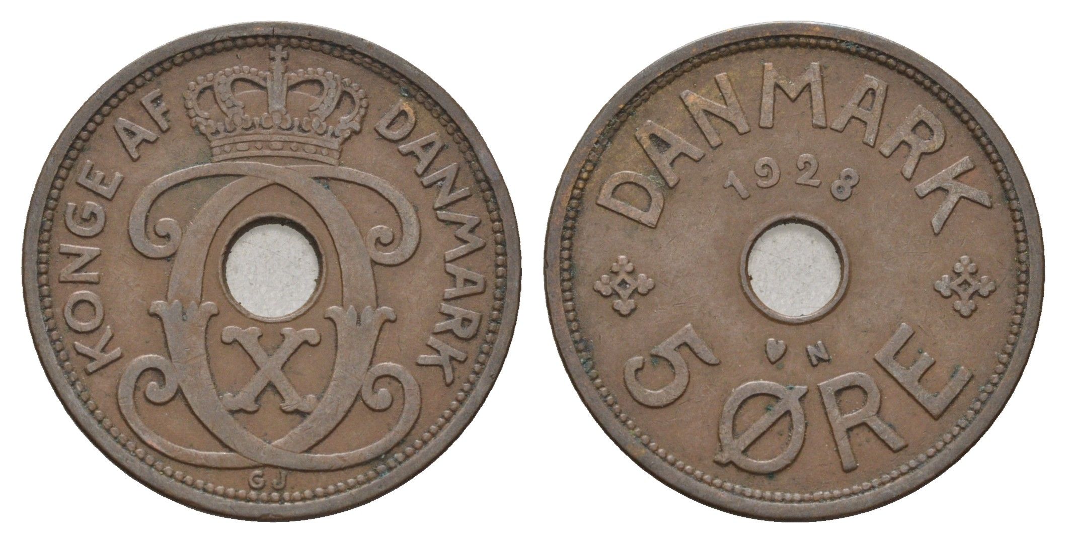 Дания 5 эре 1928 N, Кристиан X (1912-1947) KM 828 бронза 4700-827