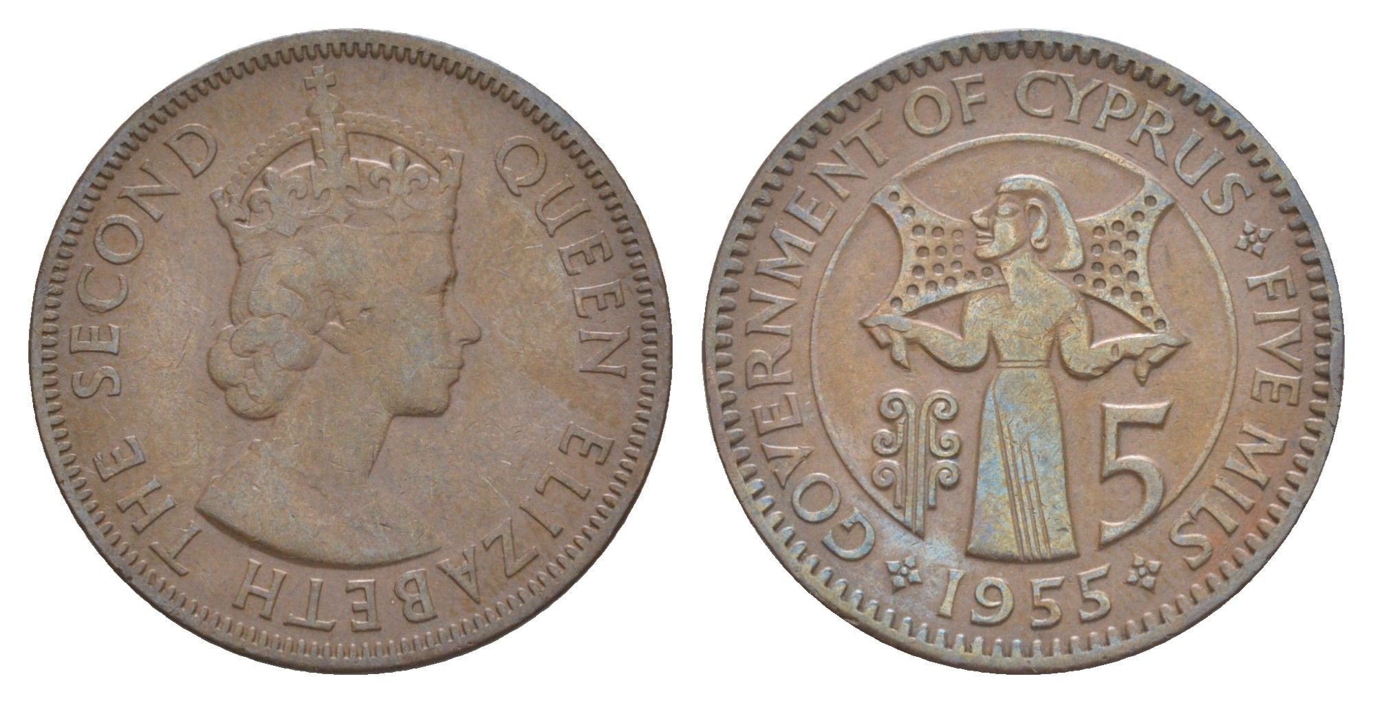 Кипр 5 милей 1955 Елизавета II (1952-2022) KM 34 бронза 4648-1013