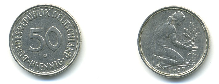 ФРГ 50 ПФЕННИГОВ 1950 G KM 109.1, J. 384 медно-никель 4379-339