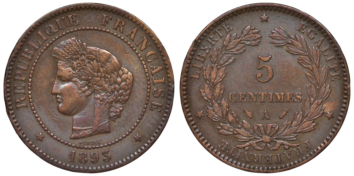 Франция 5 сантимов 1893 А, третья республика (1870-1941) KM 821.1, Le Franc 118.36 бронза 4128-113