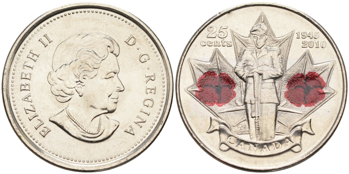 Канада 25 центов 2010 65 лет победы во Второй мировой войне, цветная эмаль KM 1028 никелированная сталь UNC 4586-1037