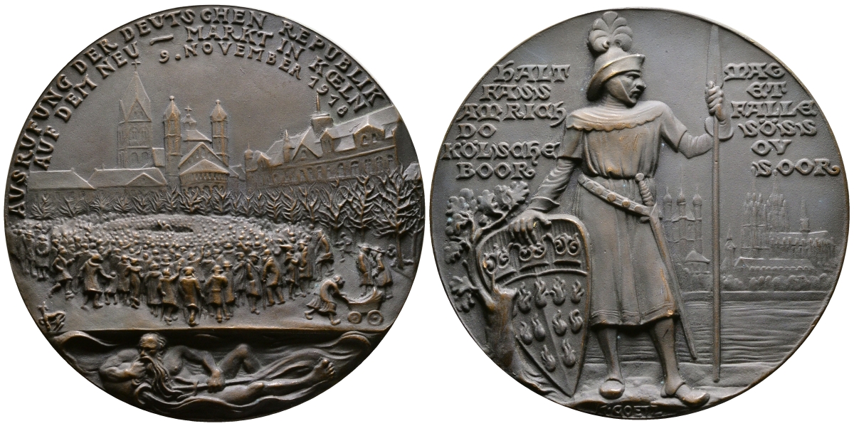 ГЕРМАНИЯ МЕДАЛЬ 1918 ДИАМЕТР 88 ММ., КАРЛ ГЕТЦ, АГИТАЦИОННАЯ МЕДАЛЬ, ПРОВОЗГЛАШЕНИЕ КЕЛЬНСКОЙ РЕСПУБЛИКИ Kienast 275 бронза 02-013-21