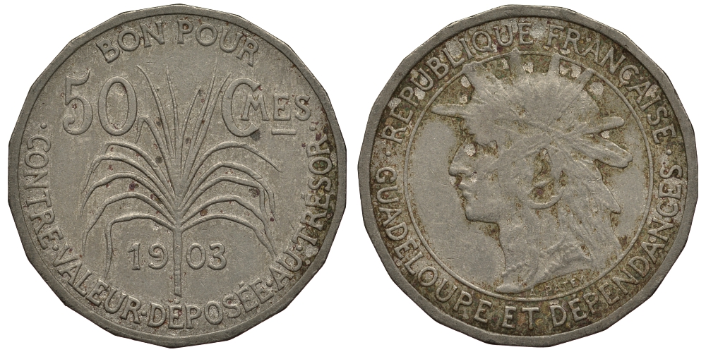 Гваделупа 50 сантимов 1903 KM 45 медно-никель 272-612