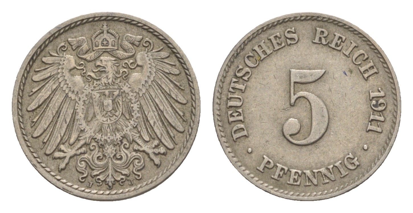 Германия 5 пфеннигов 1911 J, Вильгельм II (1888-1918) KM 11, J. 12 медно-никель 4640-137