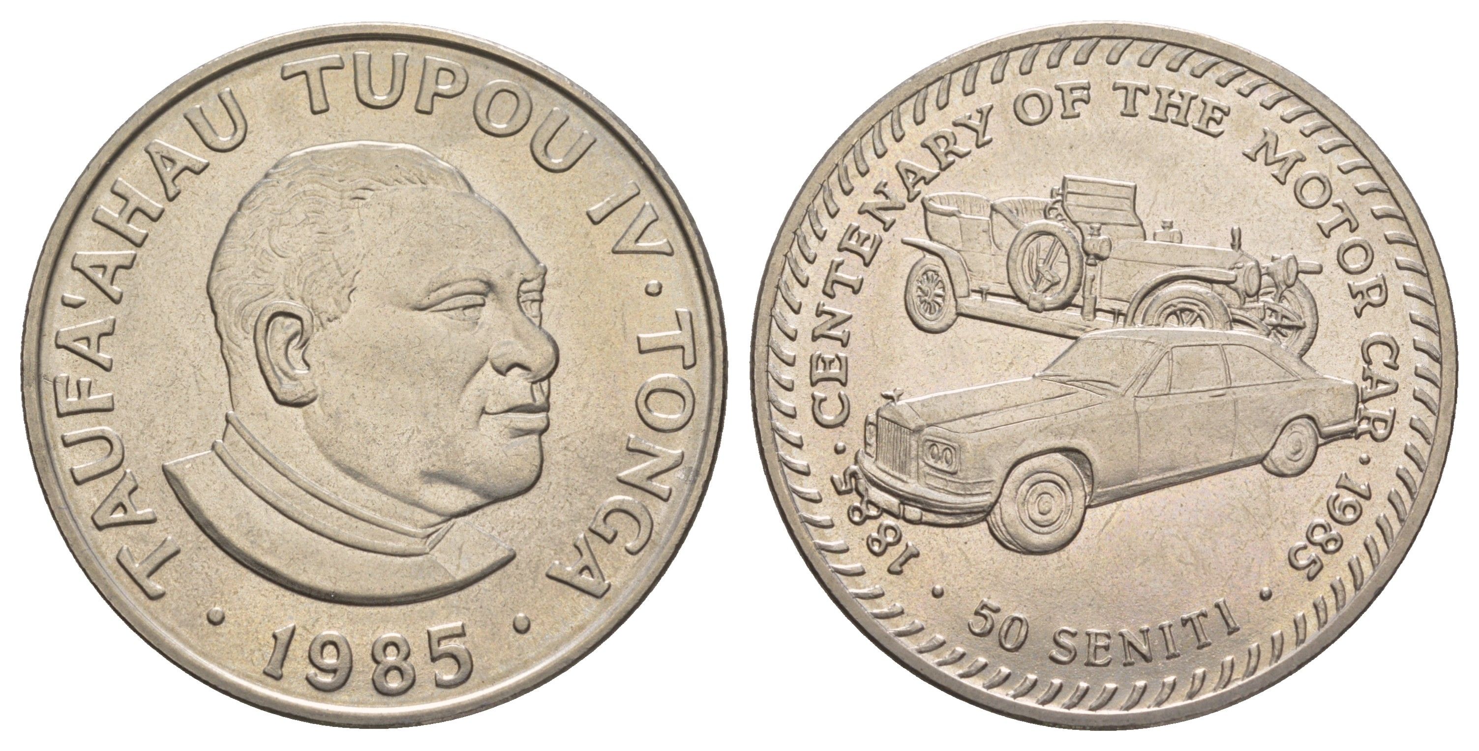 Тонга 50 сенити 1985 100 лет автоиндустрии, Роллс-Ройс KM 82 медно-никель BU 413-4644
