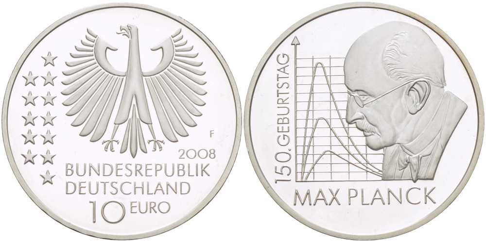 ФРГ 10 евро 2008 F, 150 лет со дня рождения Макса Планка KM 272, DE.S. 10.35 серебро PROOF 413-531