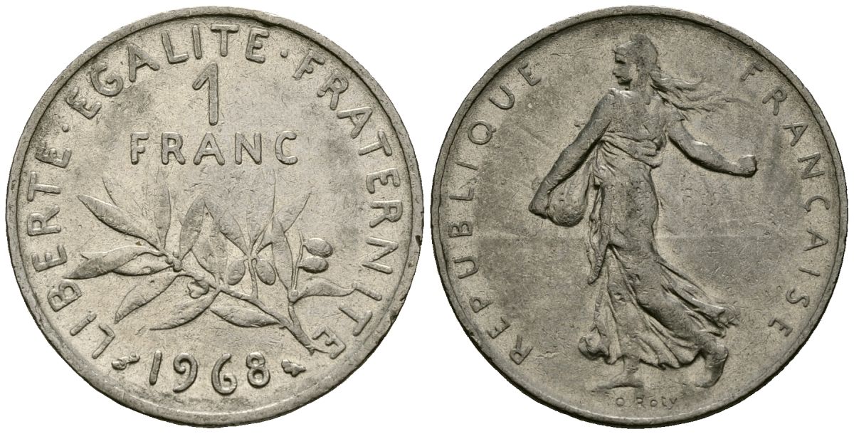 Франция 1 франк 1968 сеятель KM 925 никель 4135-825