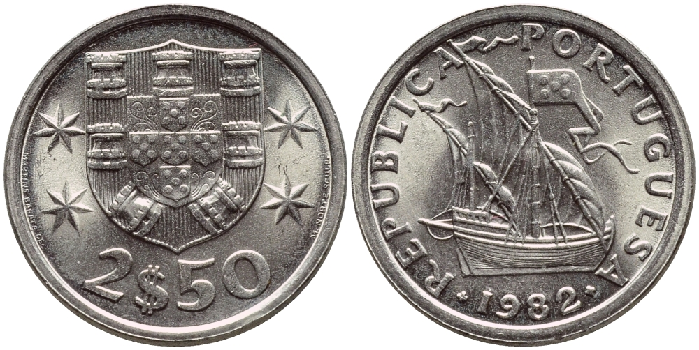 ПОРТУГАЛИЯ 2,5 ЭСКУДО 1982 ПАРУСНИК KM 590 медно-никель UNC 4396-155
