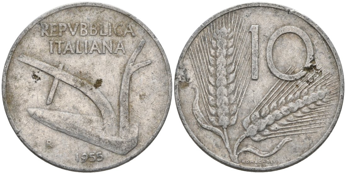 Италия 10 лир 1955 R, КОЛОС, плуг KM 93 алюминий 4573-757