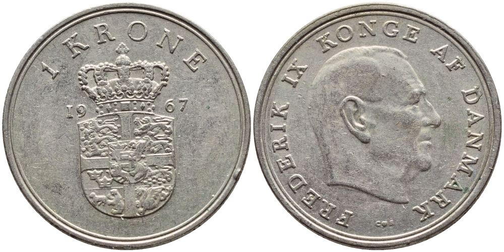 ДАНИЯ 1 КРОНА 1967 C; S, ФРЕДЕРИК IX (1947-1972) KM 851.1 медно-никель 4398-1023