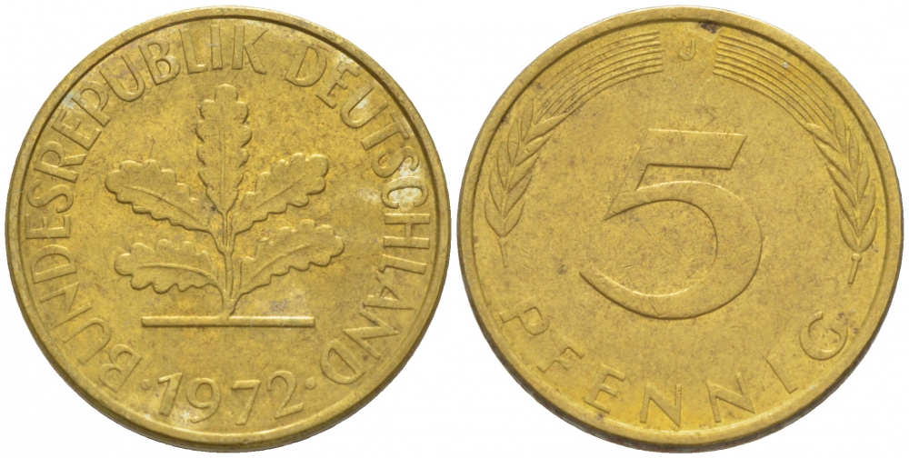 ФРГ 5 ПФЕННИГОВ 1972 J KM 107, J.382 сталь плакированная латунью 3996-1146