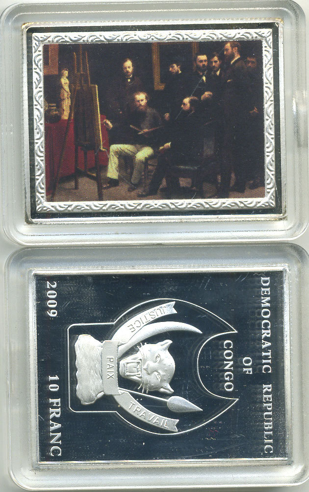 Конго 10 франков 2009 серия шедевры мировой живописи, АНРИ ФАНТЕН-ЛАТУР, STUDIO IN THE BATIGNOLLES, серебрение, размер 35Х46 мм., цветная эмаль медно-никель PROOF M43-12
