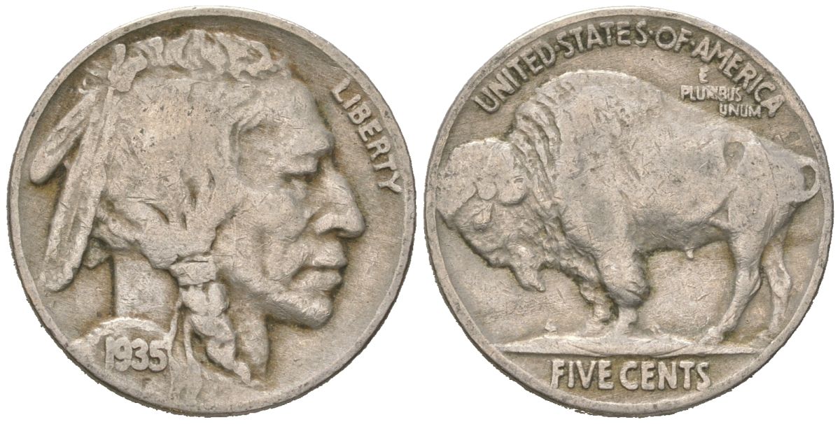 США 5 центов 1935 индеец, бизон KM 134 медно-никель 4614-1217