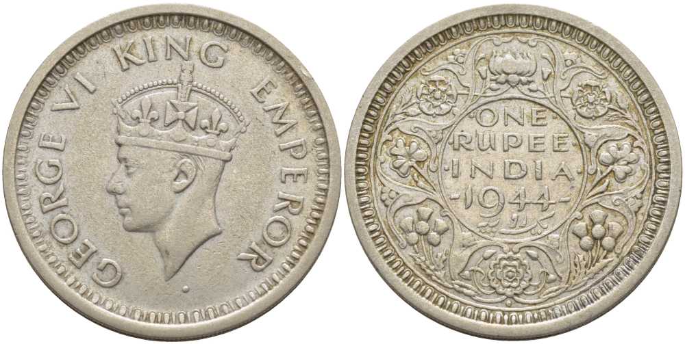 Британская Индия 1 рупия 1944 Георг VI (1936-1952) KM 557.1 серебро 1080-1-52