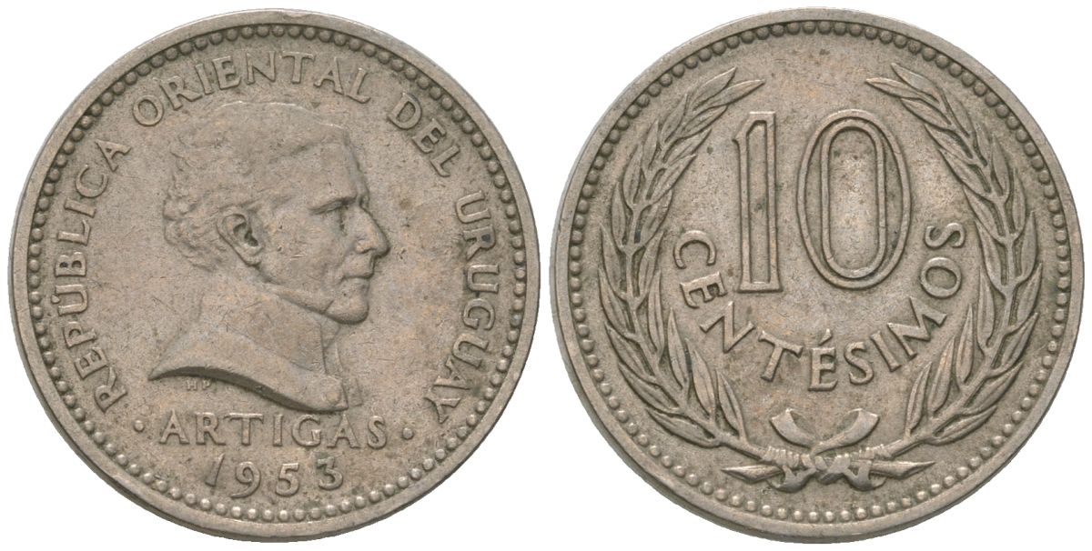 Уругвай 10 сентесимо 1953 KM 35 медно-никель 4602-639