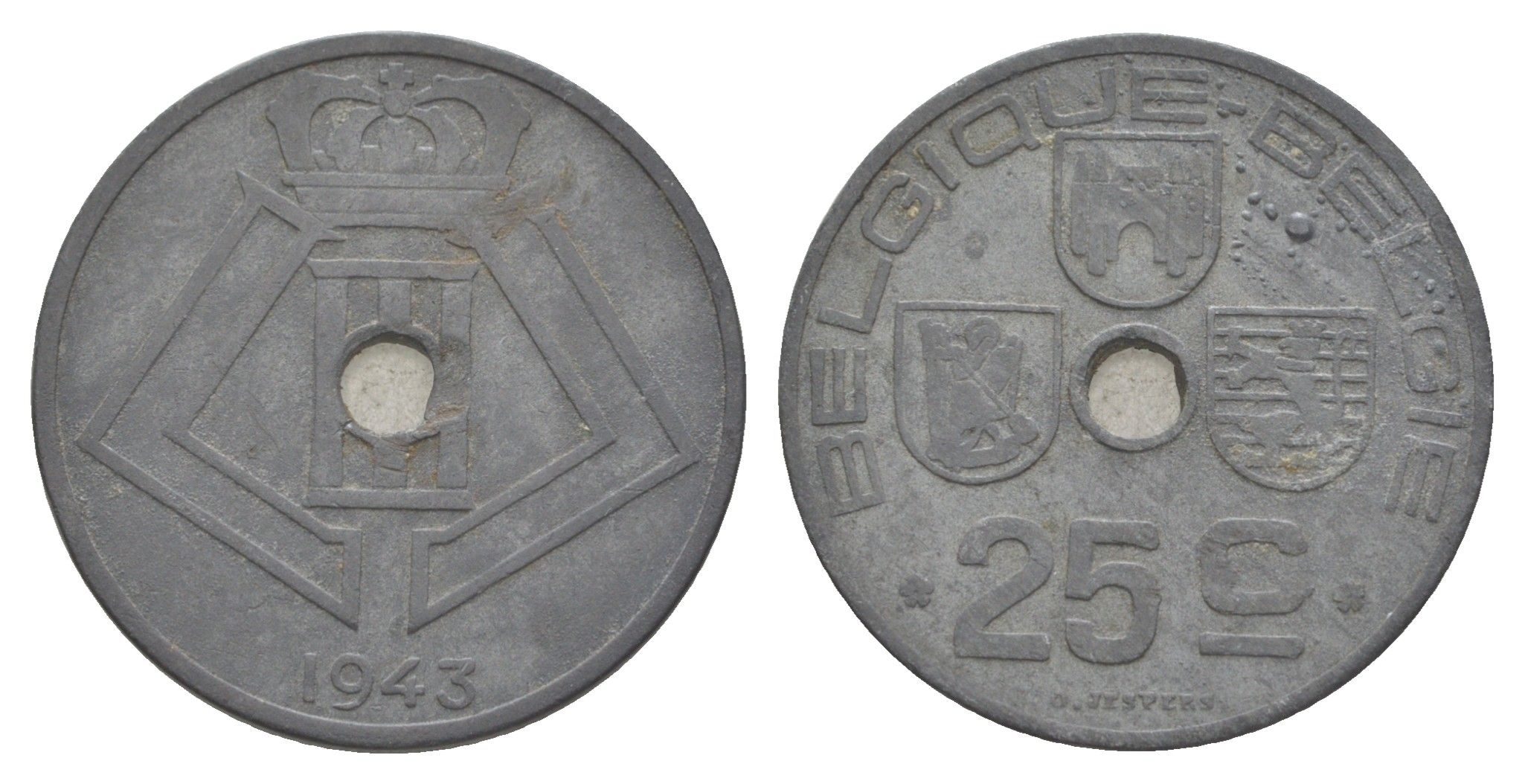 Бельгия 25 сантимов 1943 Belgique - Belgie, Леопольд III (1934-1947), германская оккупация, Вторая мировая война KM 131 цинк 4619-1025