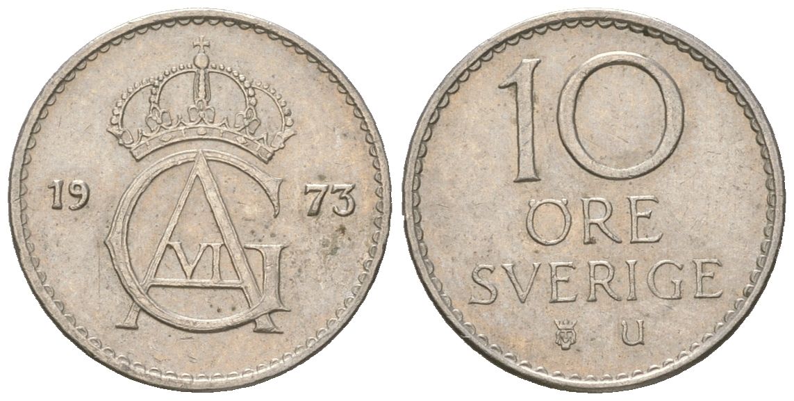 Швеция 10 эре 1973 U, Густав VI Адольф (1950-1973) KM 835 медно-никель 4618-117