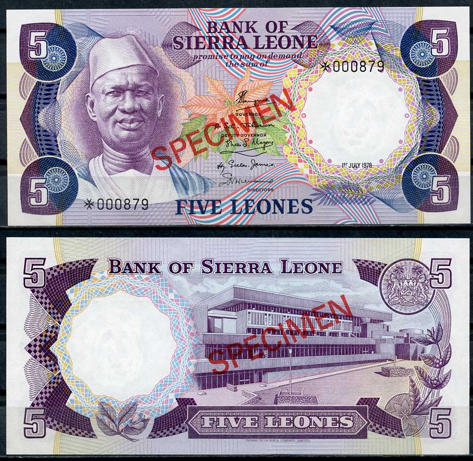 Сьерра-Леоне 50 центов, 1, 2, и 5 емалангени 1978 образец, Specimen, № 000879 Pick 4 s, 5 s, 6 s, 7 s  бумага  UNC (пресс) 451-164-2