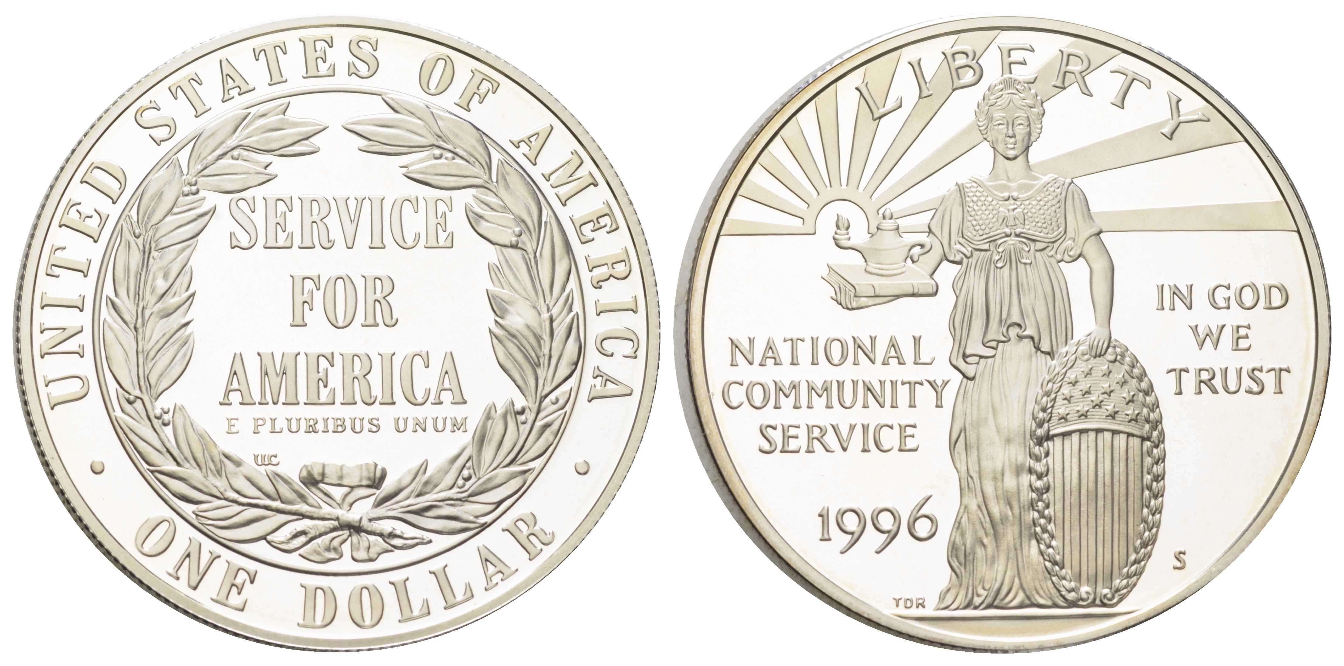 США 1 доллар 1996 S, Корпорация государственной и муниципальной службы, в оригинальном футляре, с сертификатом KM 275 серебро PROOF 8-2-05-11